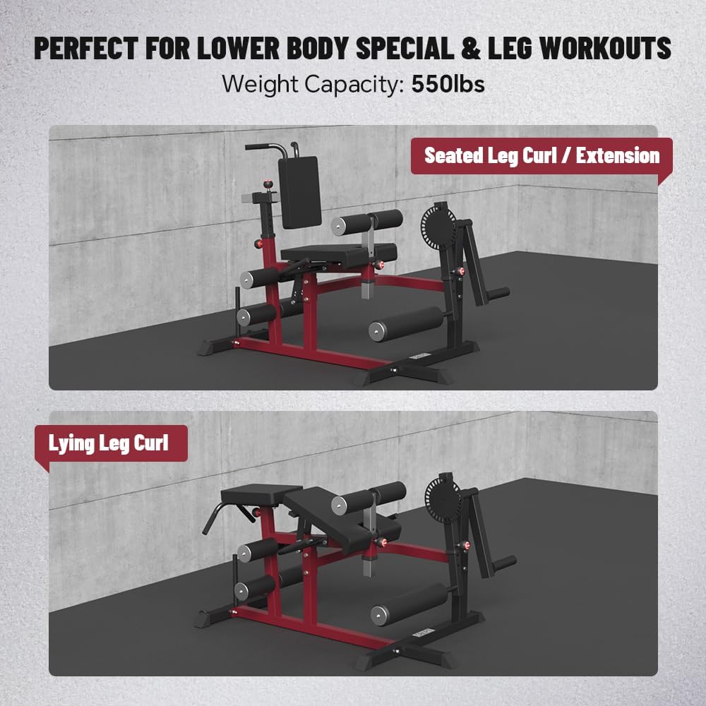 Leg Extension and Leg Curl Machine, Adjustable Lower Body Specialty Machine for Seated/Horizontal/Lying Leg Rotary Extension and Curl, Plate Loaded Leg Exercise Bench for Thigh in Home Gym