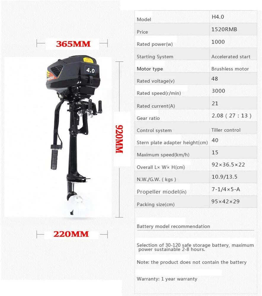Miumaeov 4HP 1000W Electric Outboard Motor, Ship Engine Heavy Duty Outboard Trolling Motor Propeller Electric Start Marine Trolley Driver Brushless Motor Propeller