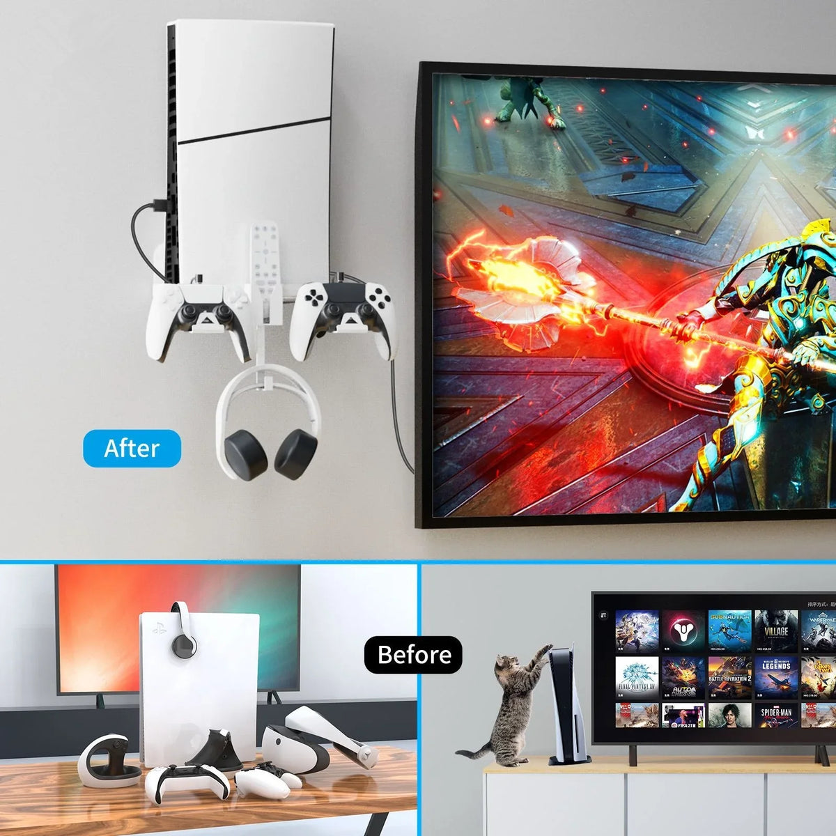 Durable Iron Wall Mount Bracket Set for PS5 Slim Space-Saving, Secure, and Convenient Storage with Dual Charging Cable