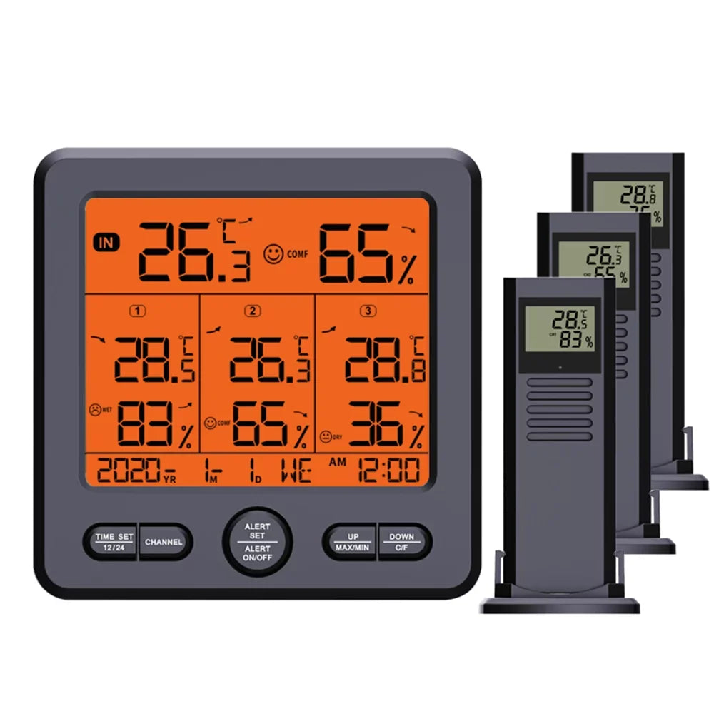 Digital Wireless Indoor Outdoor Thermohygrometer with 3 Remote Sensors 98ft/ 30m Backlight & Alarm Calibration Function Temperature Humidity Monitor with 3 Transmitters Weather Stations for Home Offic