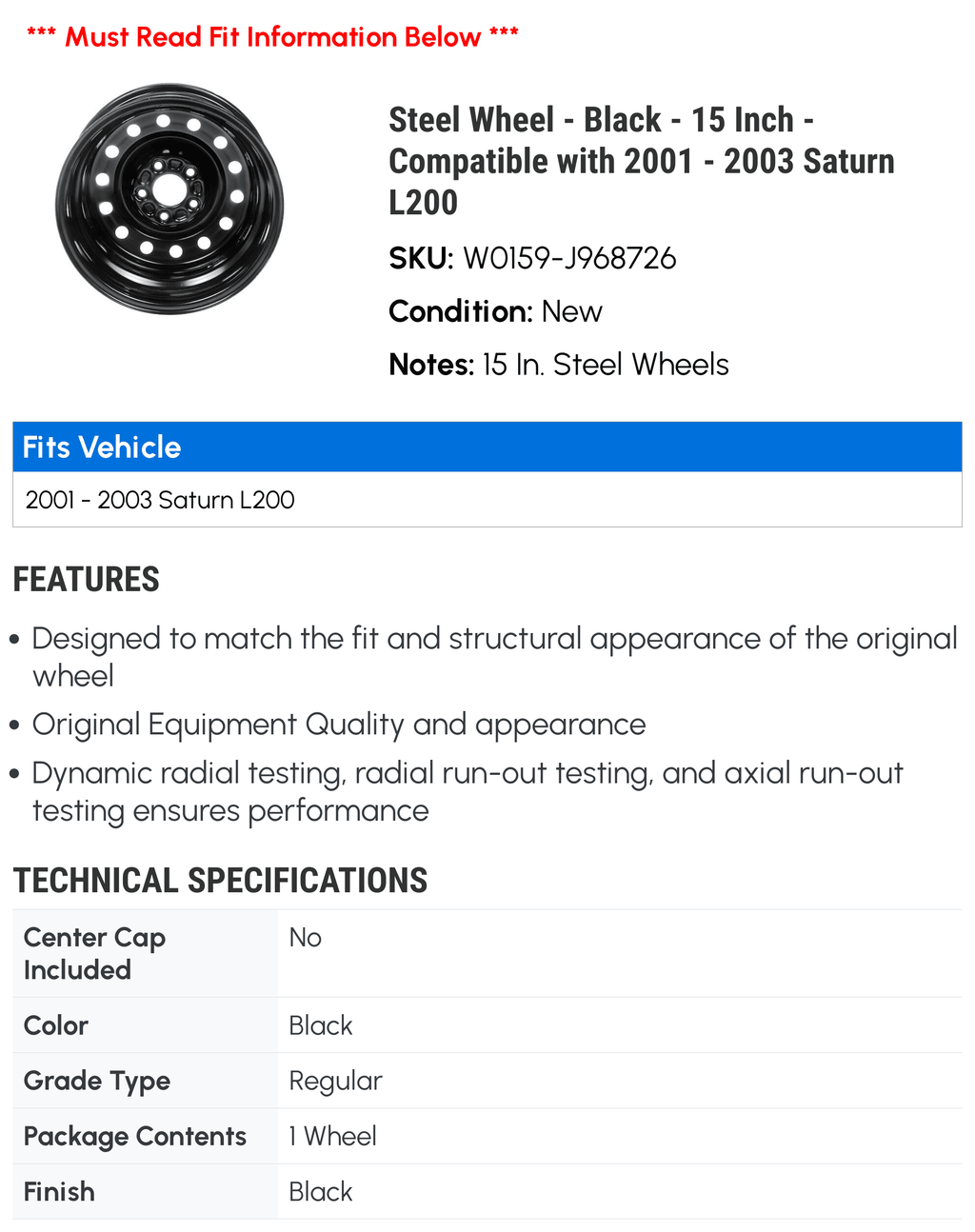 Steel Wheel - Black - 15 Inch - Compatible with 2001 - 2003 Saturn L200 2002