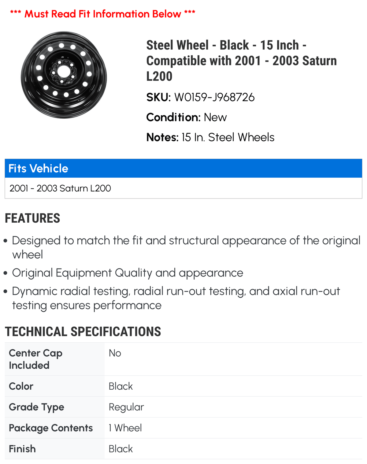 Steel Wheel - Black - 15 Inch - Compatible with 2001 - 2003 Saturn L200 2002