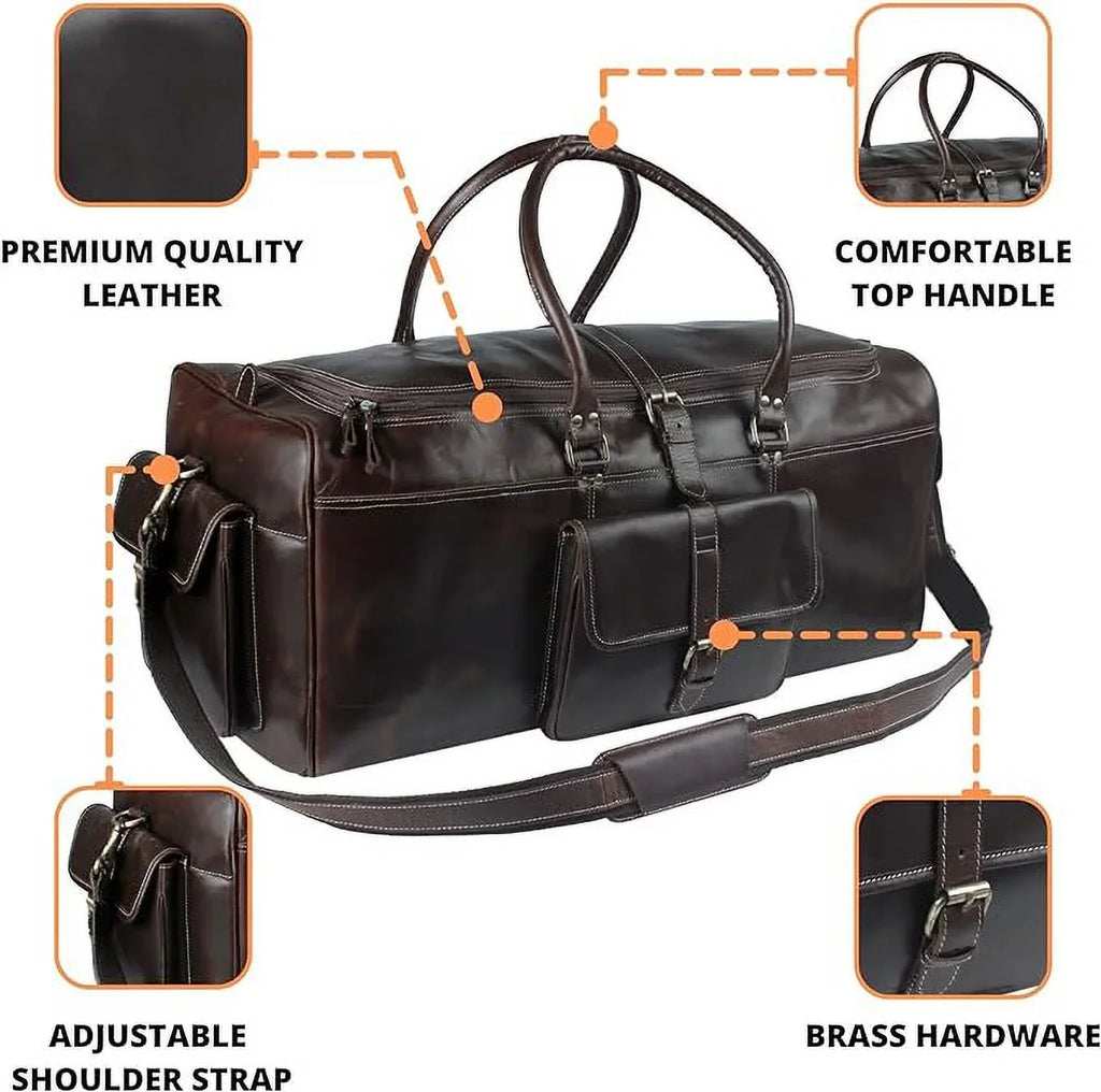 Hulsh Buffalo Leather Duffle Bag for Men 24 inches Top Grain Leather Travel Bag Overnight Weekender Holdall Bag Vintage Classic Style Sports Gym Bag