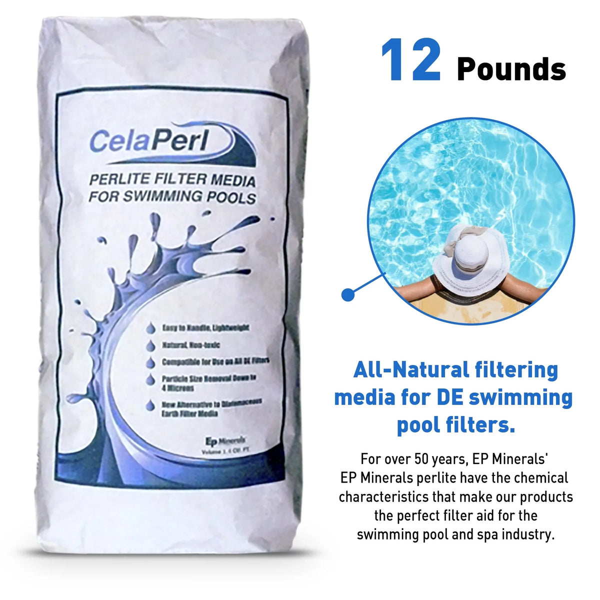 CelaPerl Perlite Pool Filter Aid – Diatomaceous Earth Alternative - Swimming Pool & Spa Filtration – 12 Pounds = 24 Pounds DE