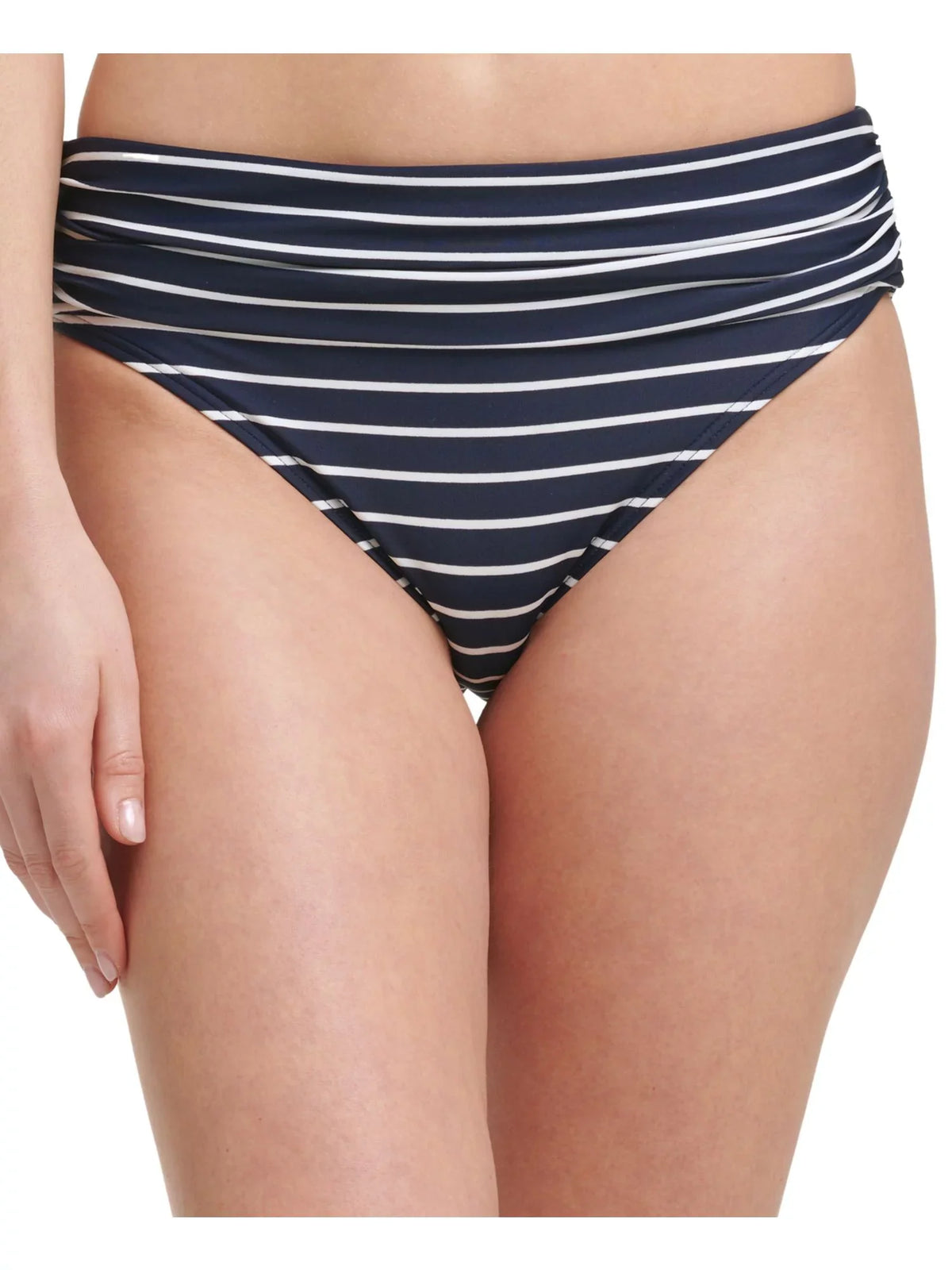 TOMMY HILFIGER Women's Navy Striped Stretch Fold-Over Lined Moderate Protection UV Protection Bikini Swimsuit Bottom L