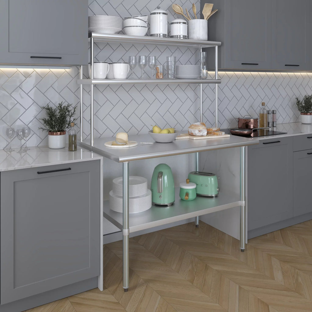 AmGood 30" x 48" Stainless Steel Work Table With 12" Wide Double Tier Overshelf | Metal Kitchen Prep Table & Shelving Combo