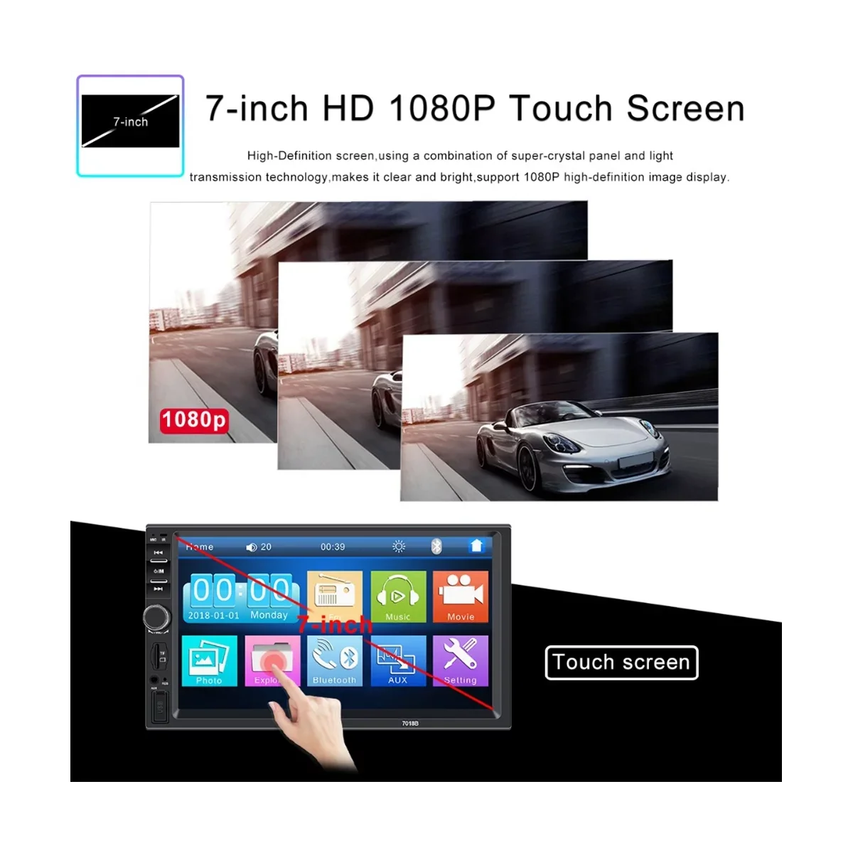Car Radio Double Din Car Stereo 7 Inch Touch Screen with Bluetooth Mirror Link USB FM Radio Audio Receiver with Backup Camera and Remote Control