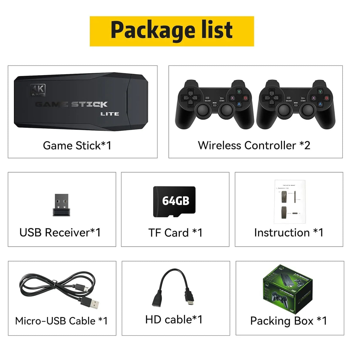 Retro Game Console Stick, 64G Nostalgia Game Stick with 20000+ Video Games, 9 Emulator Console Plug and Play for TV, Retro Play Compatible with Arcade/Maze, 4K HD Output, 2.4GHz Wireless Controllers
