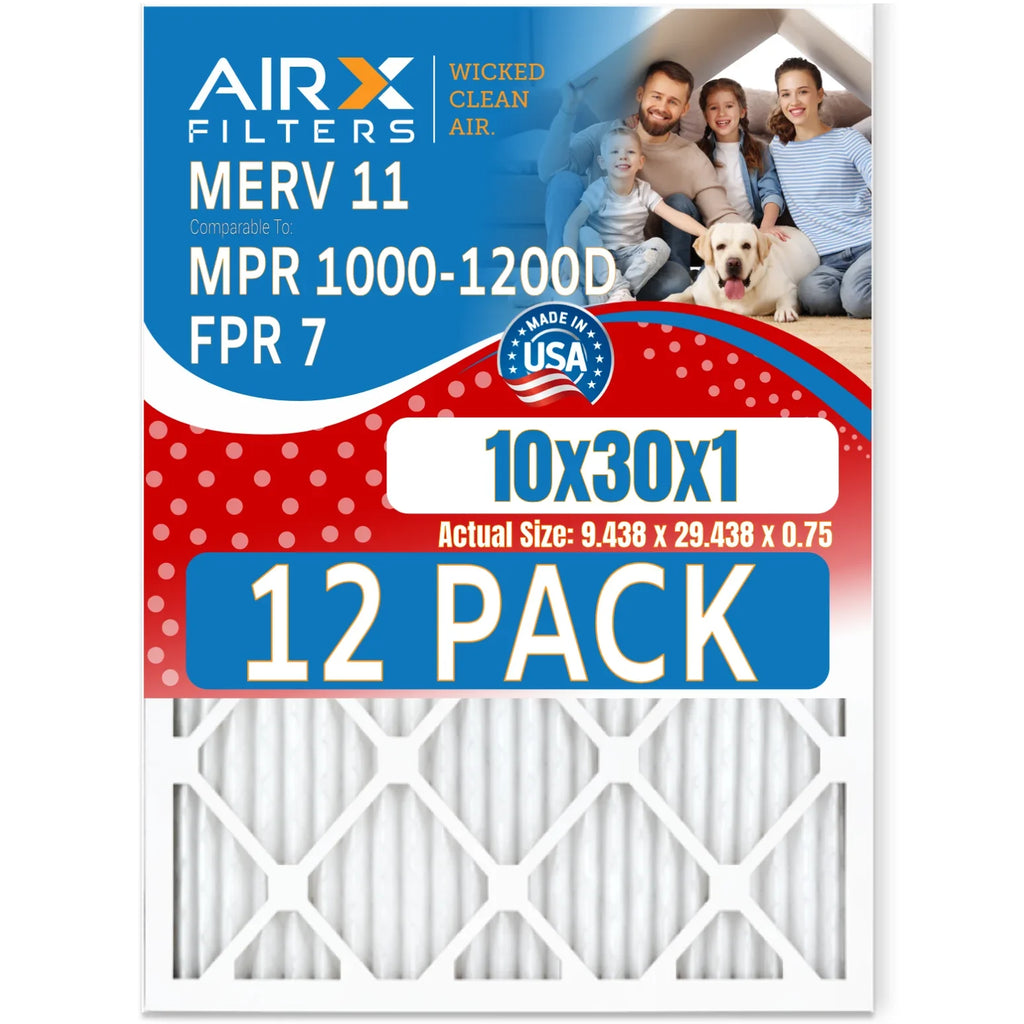10x30x1 Air Filter MERV 11 Rating, 12 Pack of Furnace Filters Comparable to MPR 1000, MPR 1200 & FPR 7 - Made in by AIRX FILTERS WICKED CLEAN AIR.