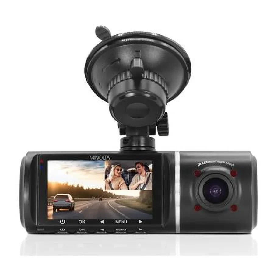 MNCD245T Full HD Front and Rear View 2.45" LCD Screen Dash Camera with 3-Channel Recording, Black