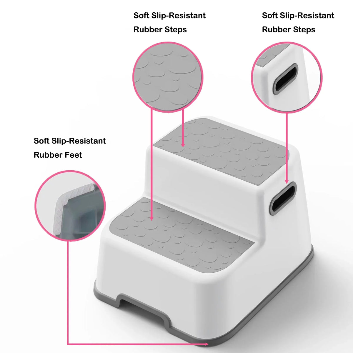 UNCLE WU Kids Step Stool (2 Pack) - Toddler Step Up Stool Adjustable Height for Kitchen - Bathroom Safety Bottom as Toilet Stool/Dual Height & Wide 2 Step Stool for Kids / Adult (Gray White)