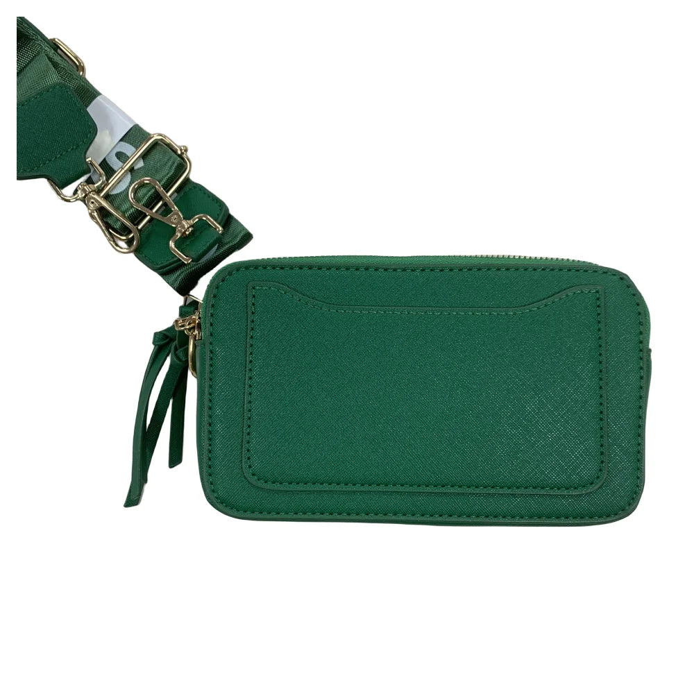 Women's Black Leather Cross body Snapshot Bag with Logo Chain Strap