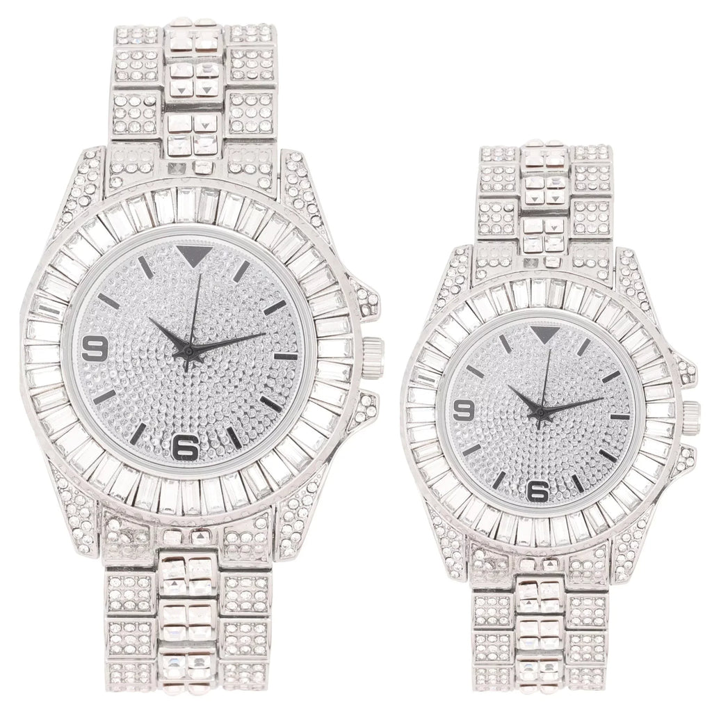 King and Queen Bling'ed Out His and Hers Hip Hop Matching Watch Set - Perfect for Today's Power Couple on Point - ST10327ML His/Hers (ST10372Slv Silver)