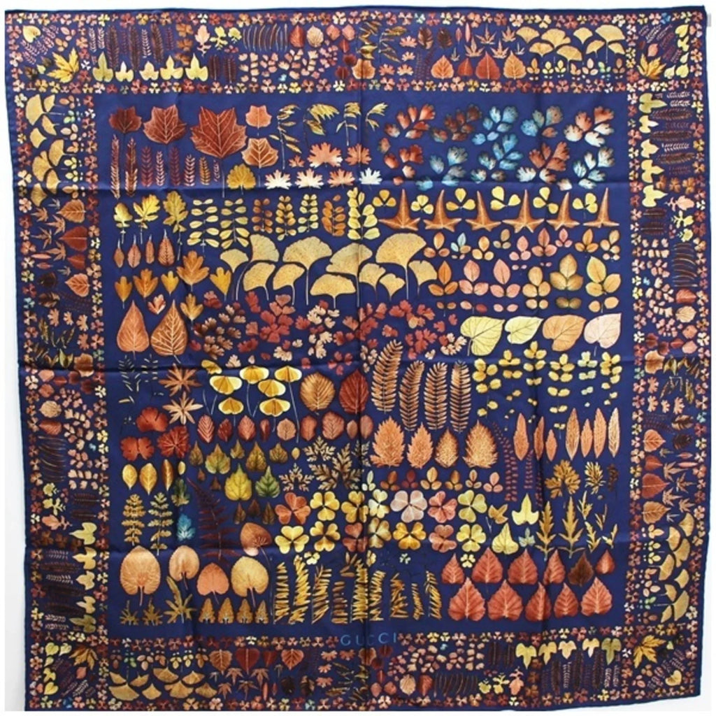 Pre-Owned Gucci Silk Scarf Muffler Navy x Brown Fallen Leaves Pattern GUCCI Ladies (Good)