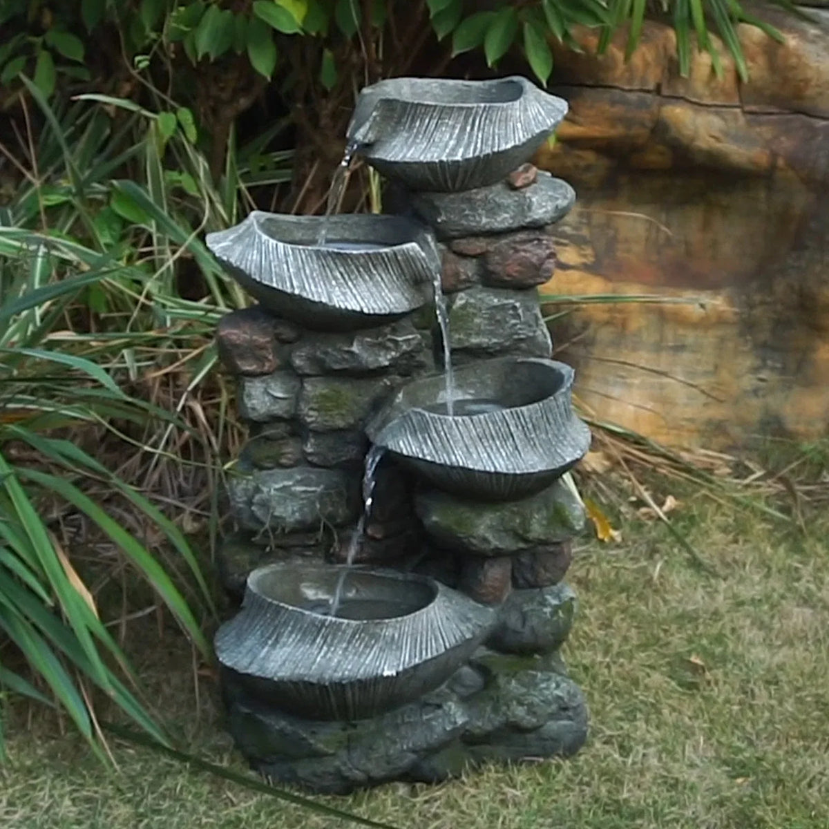 Stone Water Fountain with LED Lights - 1 - 35.2 - Experience the tranquility of cascading water