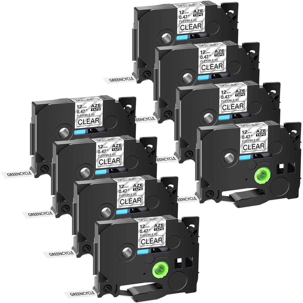 GREENCYCLE 8PK Compatible for Brother P-touch 12mm x 8m Black on Clear TZ TZe TZe-FX131 TZ-FX131 TZe-131 TZ-131 Flexible ID Cable Wire Label Tape