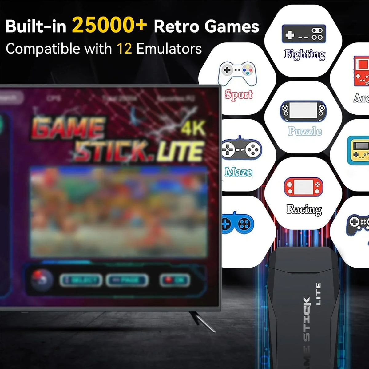 Retro Game Console Stick, 64G Nostalgia Game Stick with 20000+ Video Games, 9 Emulator Console Plug and Play for TV, Retro Play Compatible with Arcade/Maze, 4K HD Output, 2.4GHz Wireless Controllers