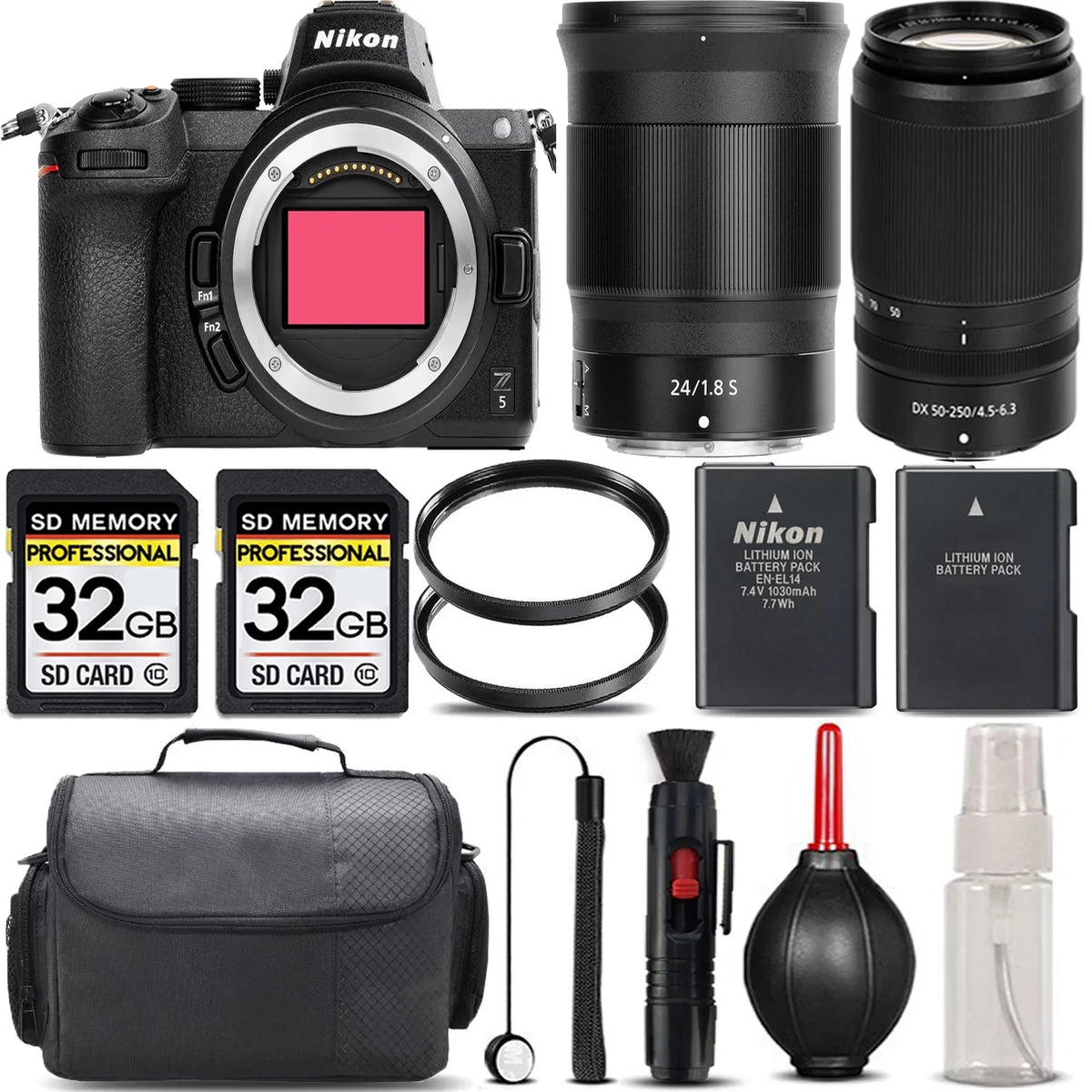 Nikon Z5 Mirrorless with 50-250mm f/4.5-6.3 VR Lens + 24mm f/1.8 S Lens + 64GB Storage + UV Filter + Backup Battery + Case + Cleaning Kit - International Version