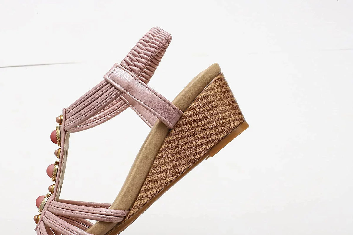 Women's Flat Sandals Summer Beach Sandal T-Strap Rhinestone Beaded Bohemia Shoes