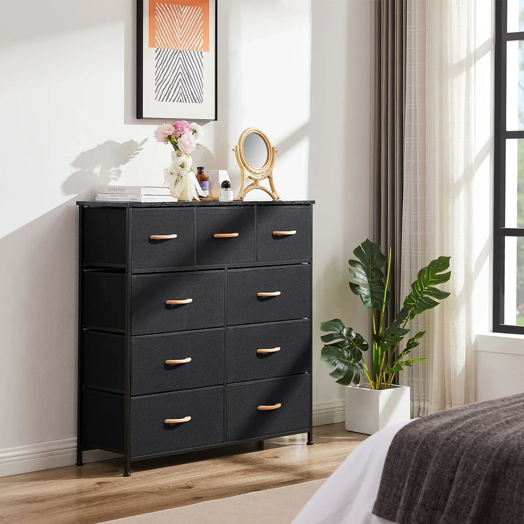 Bigroof Dresser for Bedroom with 9 Drawers, Fabric Dresser Organizer Units, Wide Chests of Drawers with Fabric Bins & Wooden Top, Dresser Storage Tower for Closet, Clothes, TV Stand, Black