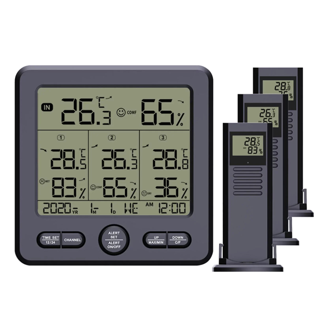 Digital Wireless Indoor Outdoor Thermohygrometer with 3 Remote Sensors 98ft/ 30m Backlight & Alarm Calibration Function Temperature Humidity Monitor with 3 Transmitters Weather Stations for Home Offic