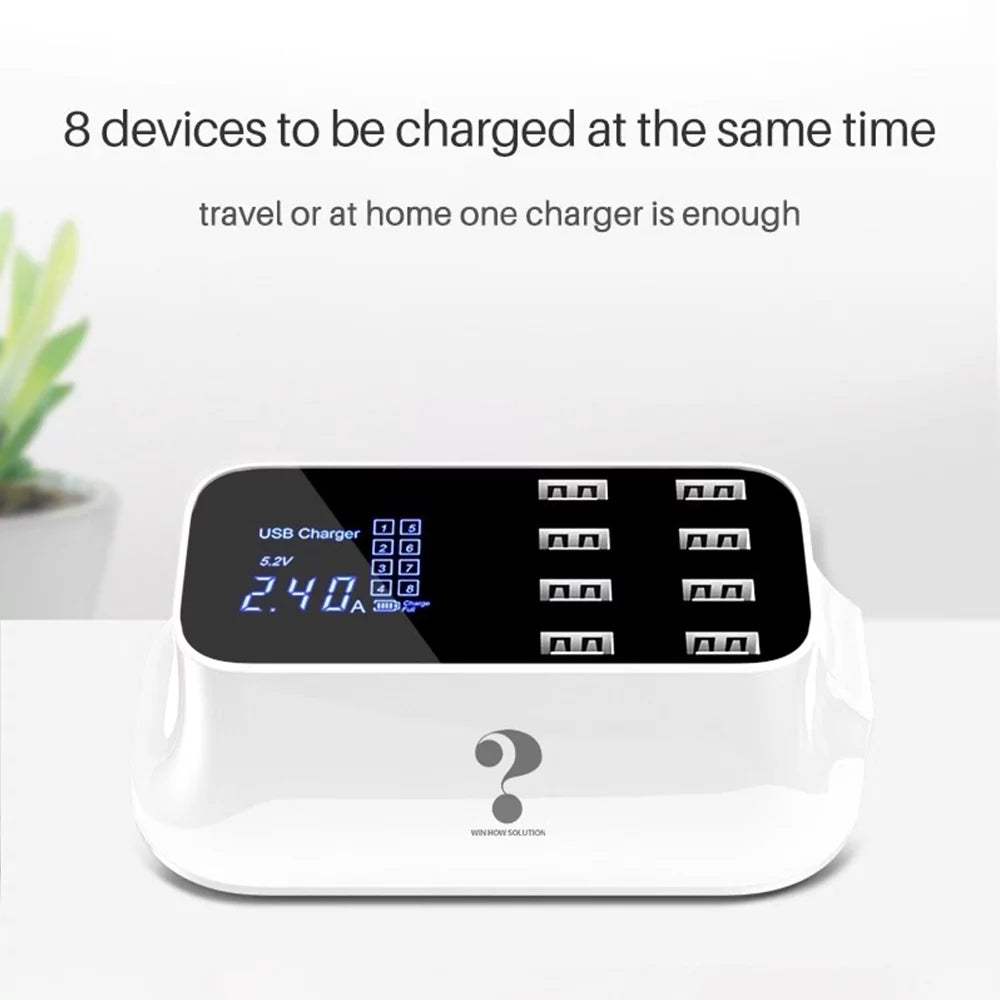 Mignova Multiple USB chargers, 8-port desktop charging station hub for LCD display, compatible with iOS and Android devices (iPhone, iPad, Huawei, Samsung Galaxy)