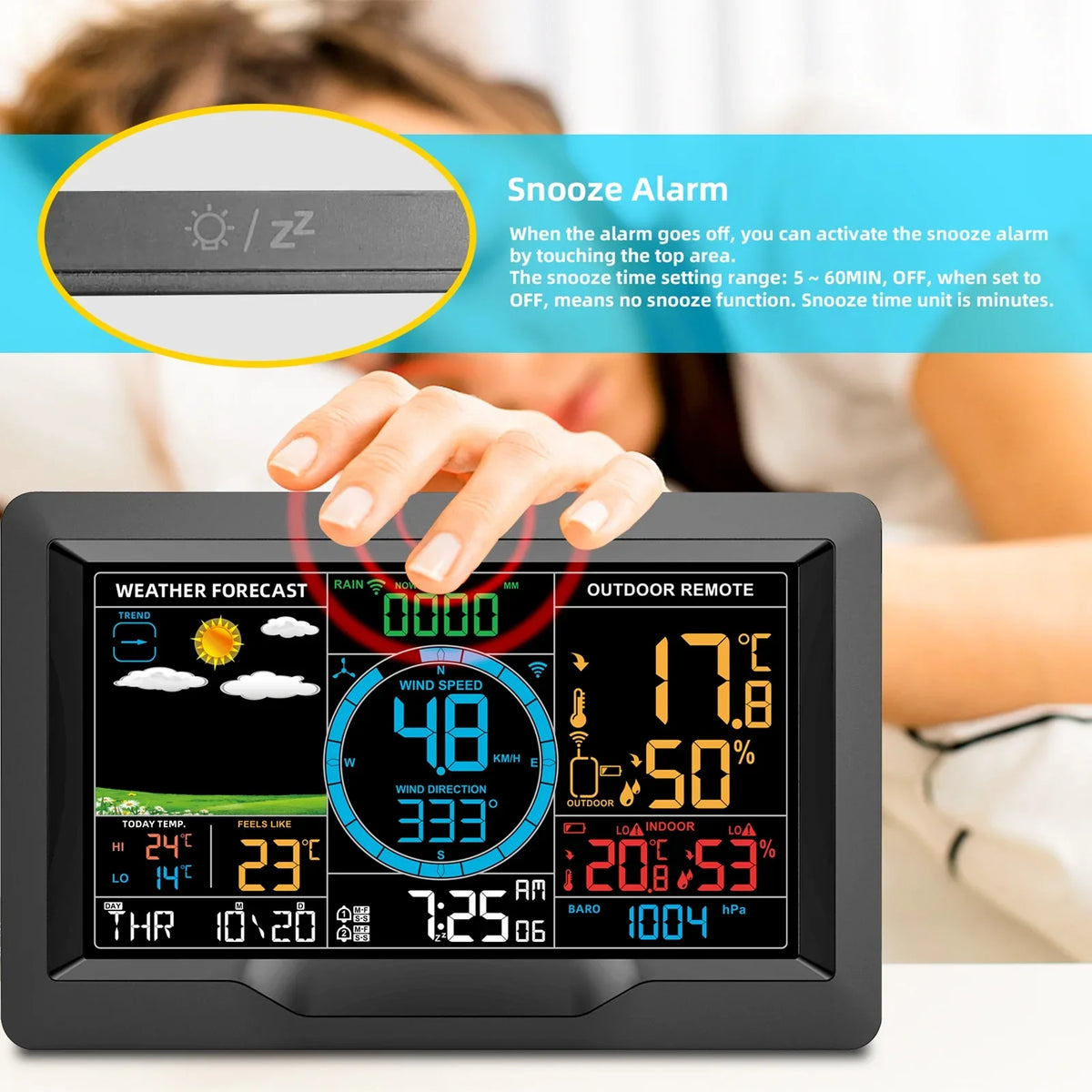 Suzicca Wireless Weather Station Indoor Hygrometer Thermometer Temperature Backlit Humidity Display Digital Weather Forecast Station Clock Alarm Clock with Sensor USB Port