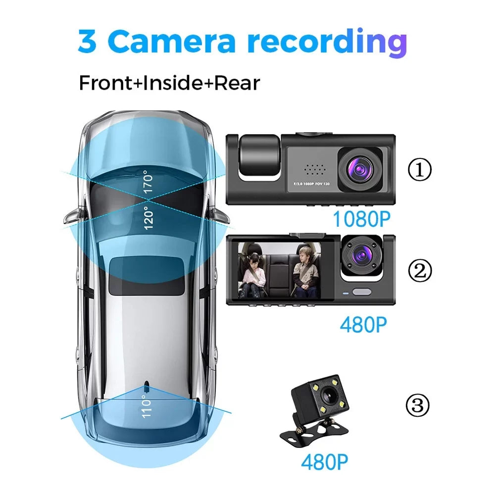 Tomshoo Multi Language Dash Cam with Triple Channel System, Front/Rear/Inside Car Cameras, Auto Safety Driving Recorder