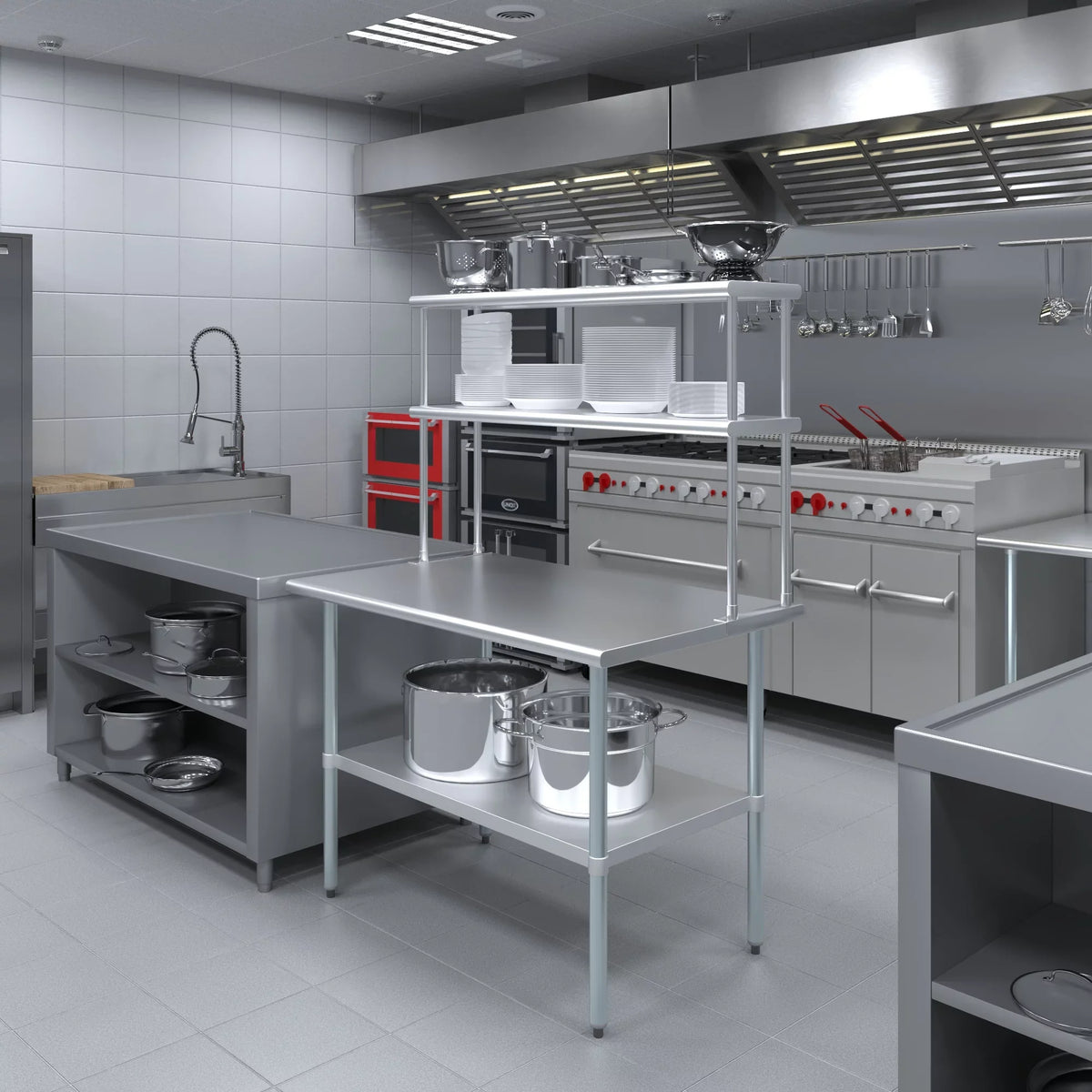 AmGood 30" x 48" Stainless Steel Work Table With 12" Wide Double Tier Overshelf | Metal Kitchen Prep Table & Shelving Combo