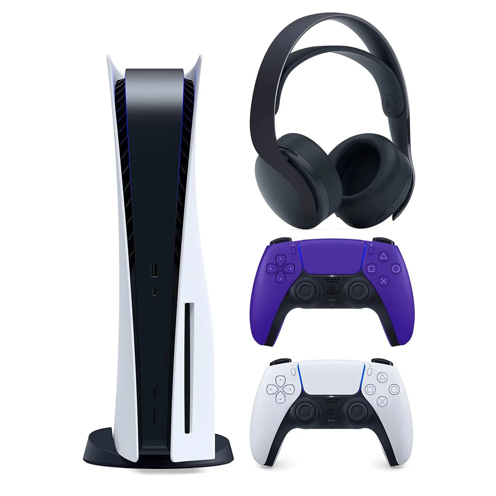 Sony Playstation 5 Disc Version (Sony PS5 Disc) with Extra Galactic Purple Controller and Black PULSE 3D Headset Bundle