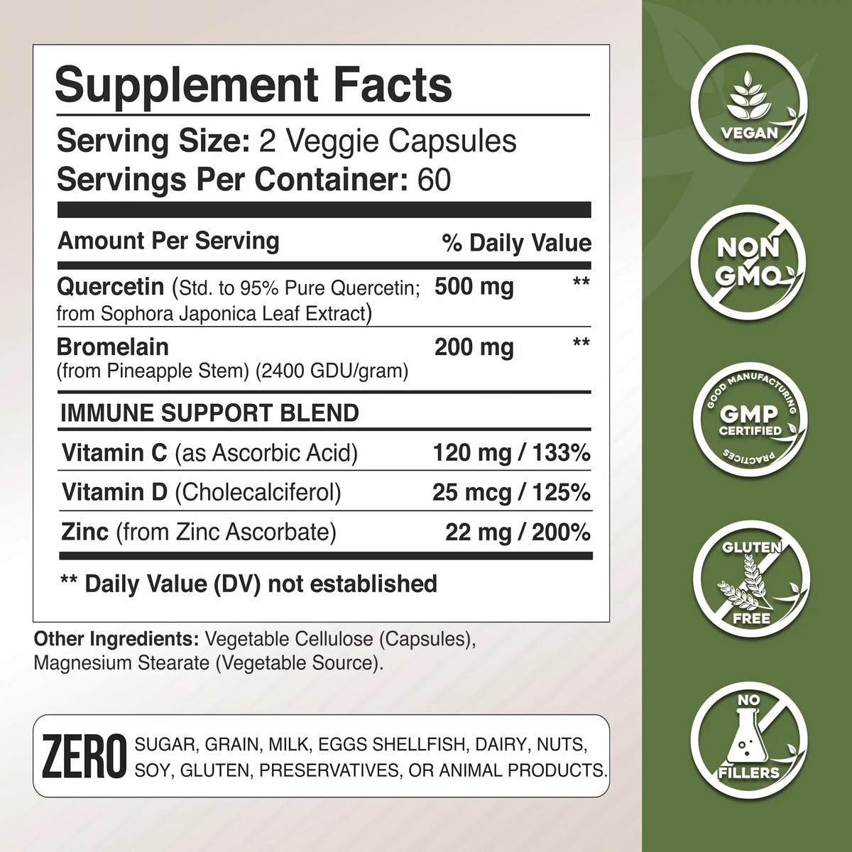 Quercetin with Vitamin C and Zinc - Quercetin 500mg - Quercetin with Bromelain - Zinc Quercetin - 240 Veggie Caps. Quercetin Supplements + Vitamin D3 (Non-GMO, Gluten-Free, Vegan)