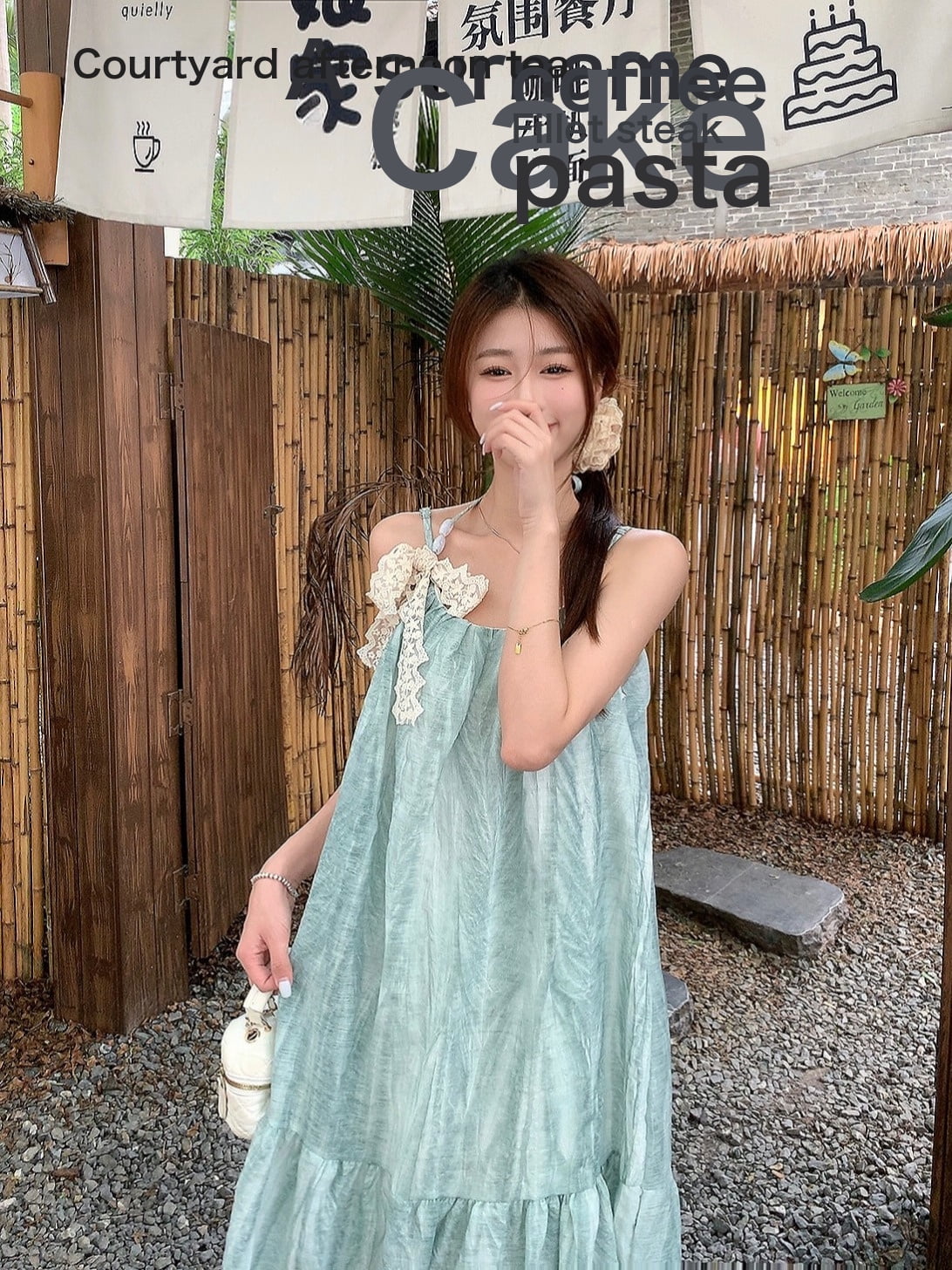Summer Mambo Green Suspender Dress Loose Sleeveless Halterneck A-Line Long Skirt For Women