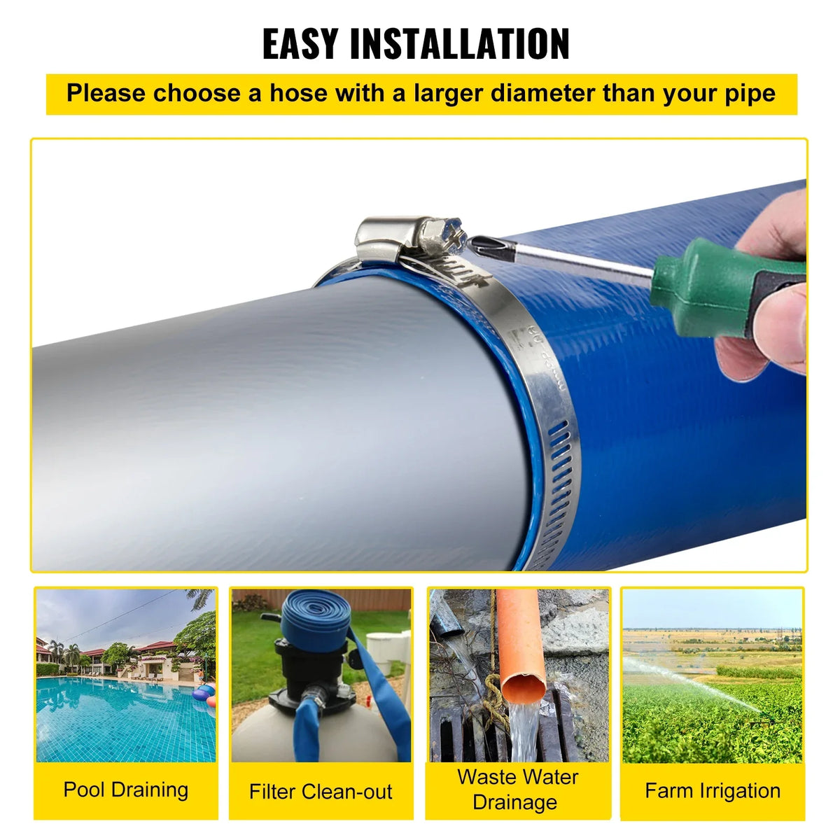 VEVOR Discharge Hose, 3" x 105', PVC Fabric Lay Flat Hose, Heavy Duty Backwash Drain Hose with Clamps, Weather-proof & Burst-proof, Ideal for Swimming Pool & Water Transfer, Blue