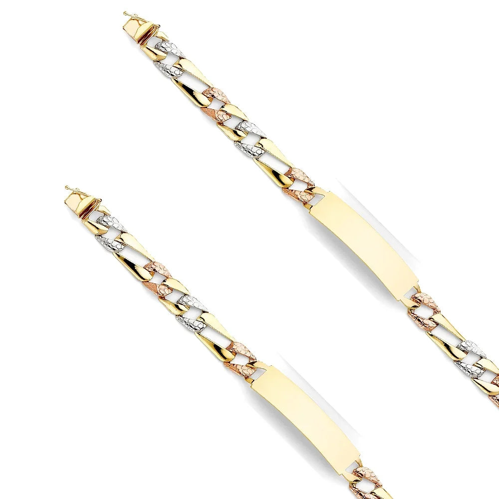 14k Tri Color Gold Stamp Figaro Link ID - 8" | Elegant 14KY Gold Chain s for Women and Men| Weight 13.5 | Men’s Jewelry for Gift
