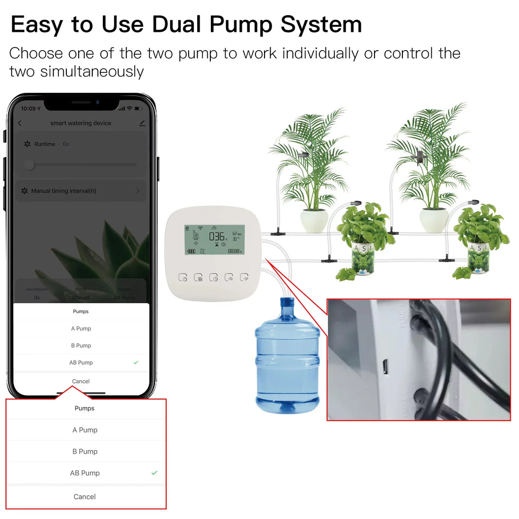 Lixada WiFi Smart Watering System with Dual Pump Programmable Time Setting Solar Panel USB Charging Built-in Battery Suitable for Home Garden