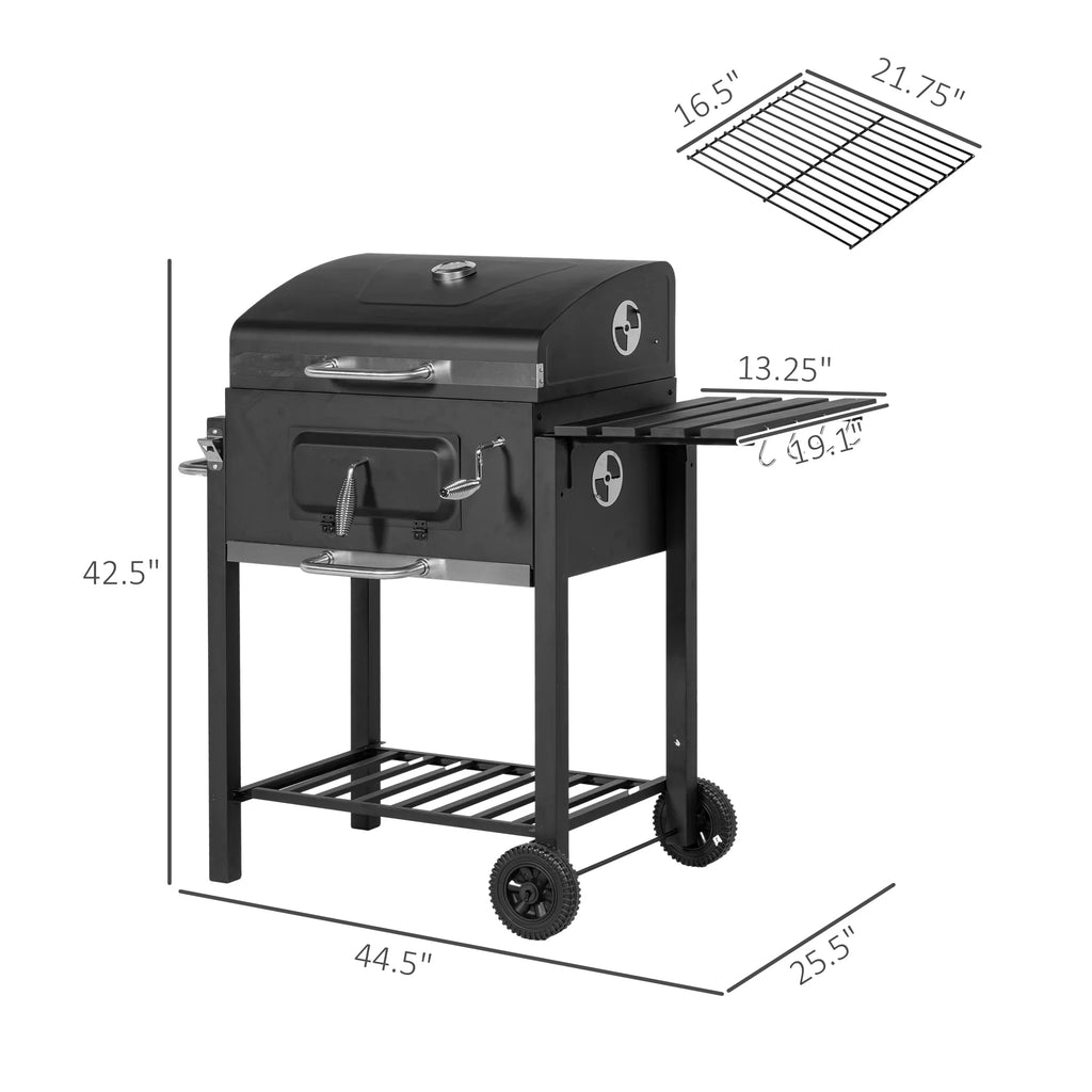 Homiyad Charcoal BBQ Grill, Outdoor Portable Cooker for Camping Or Backyard Picnic with Side Table, Bottom Storage Shelf, Wheels and Handle, Black