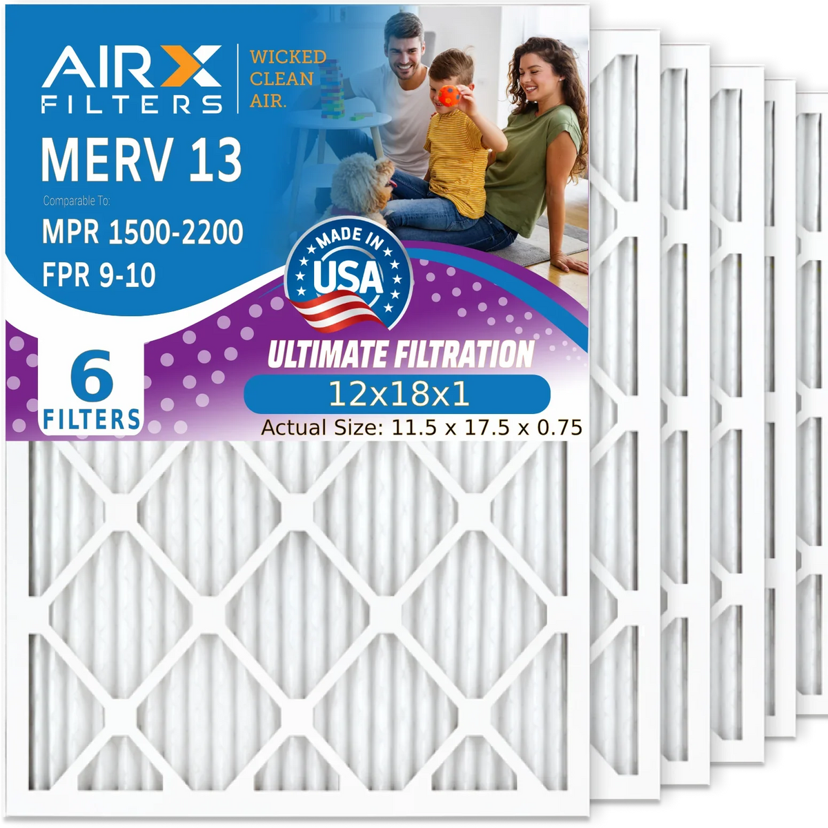 12x18x1 Air Filter MERV 13 Comparable to MPR 1500 - 2200 & FPR 9 Electrostatic Pleated Air Conditioner Filter 6 Pack HVAC AC Premium Made 12x18x1 Furnace Filters by AIRX FILTERS WICKED CLEAN AIR.