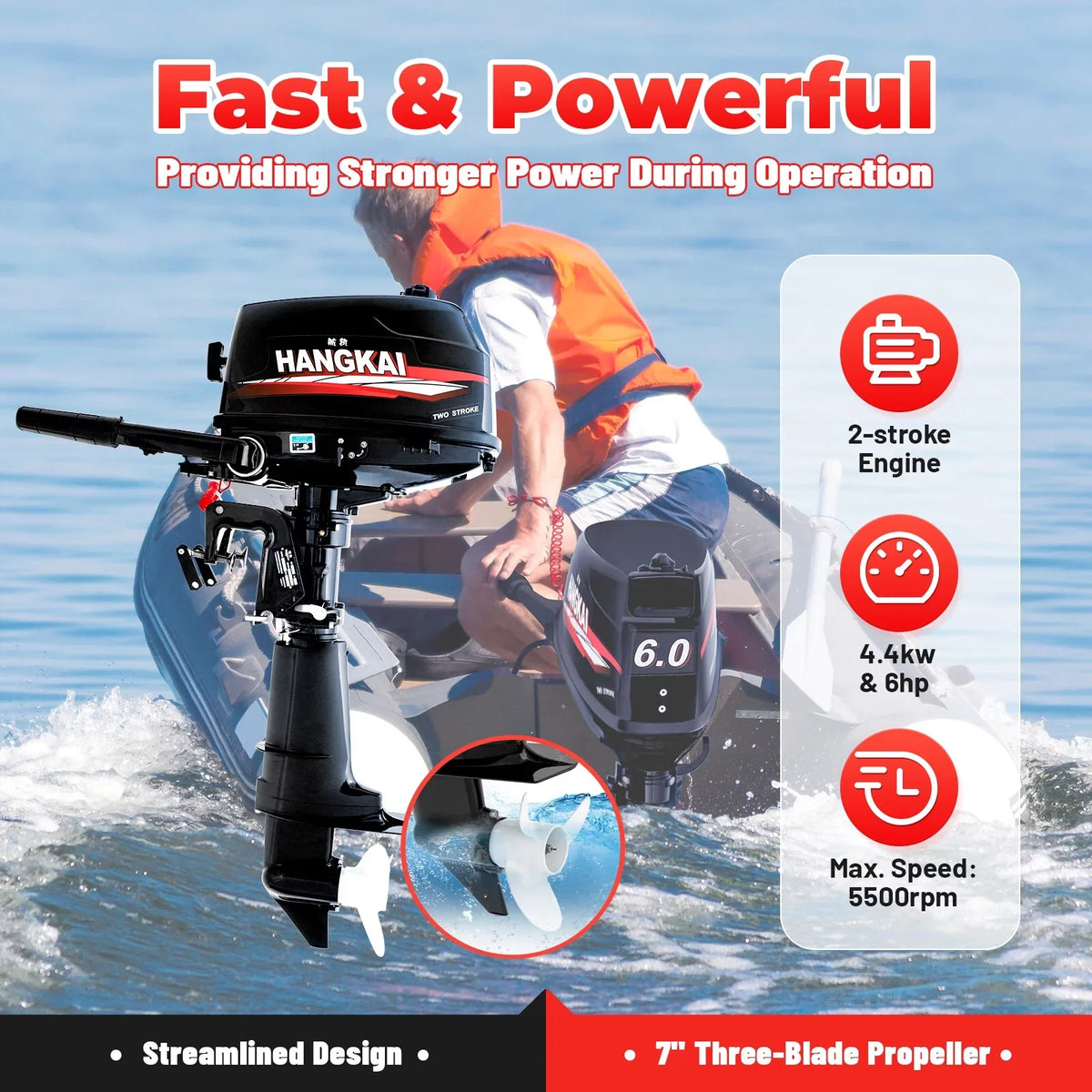 Anqidi 6HP 2 Stroke Outboard Motor, 102CC Single Cylinder Fishing Ship Engine Tiller Control Water Cooling System 4.4kW CDI