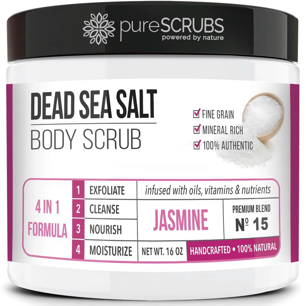 pureSCRUBS Premium Organic Body Scrub Set - Large 16oz JASMINE BODY SCRUB - Pure Dead Sea Salt Infused With Organic Essential Oils & Nutrients + FREE Wooden Spoon, Loofah & Mini Exfoliating Bar Soap