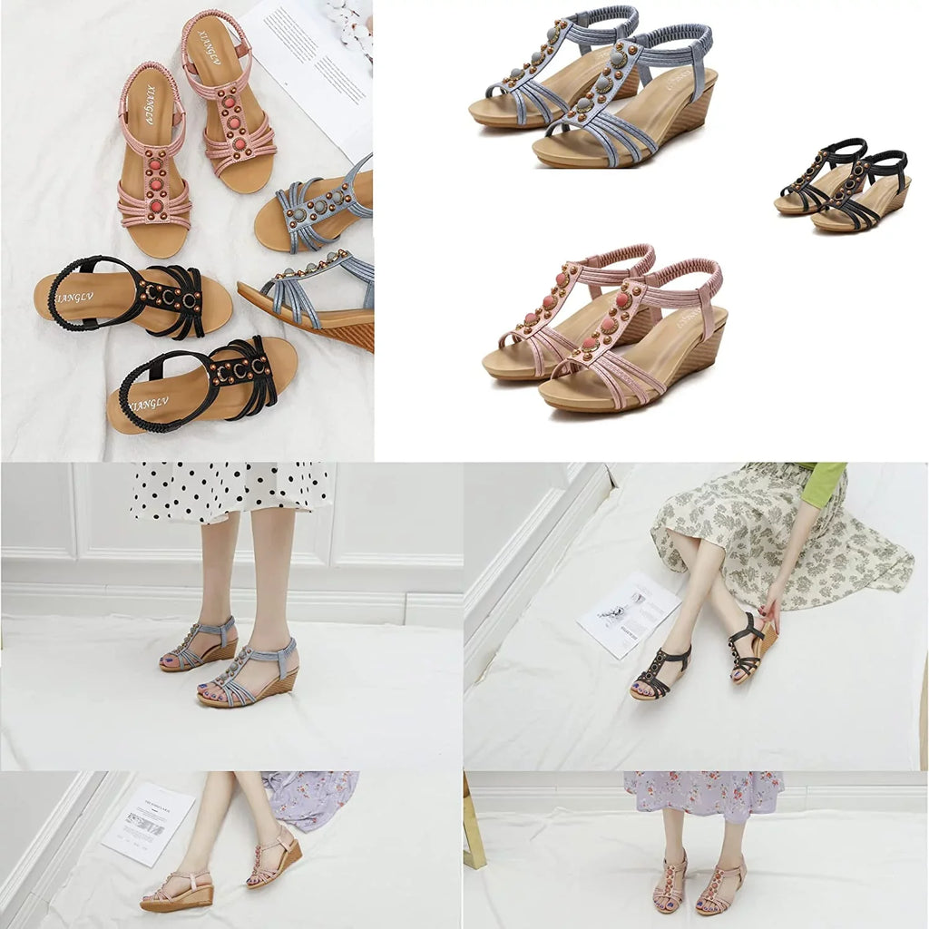 Women's Flat Sandals Summer Beach Sandal T-Strap Rhinestone Beaded Bohemia Shoes