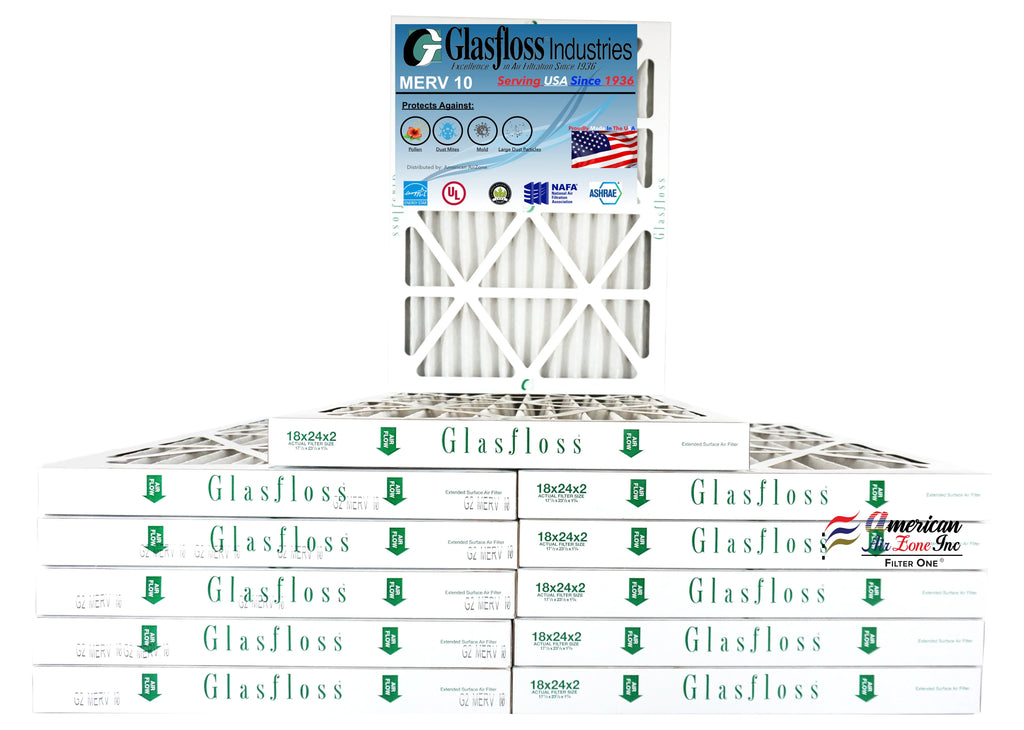 Glasfloss Air Filter 18x24x2 - 2" MERV 10 - (Pack of 12) - Pleated AC or HVAC Air Filter - Furnace Air Filter - Home or Office - Made In The .