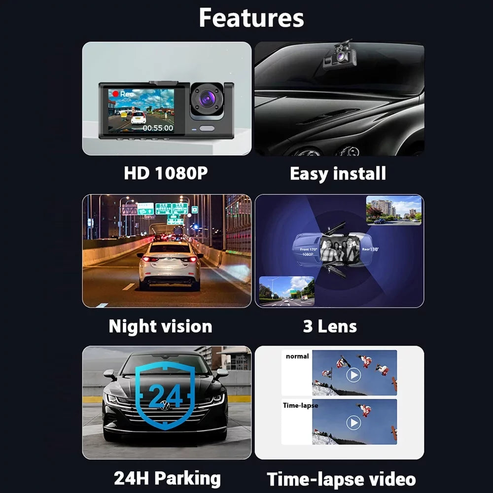 Tomshoo Multi Language Dash Cam with Triple Channel System, Front/Rear/Inside Car Cameras, Auto Safety Driving Recorder