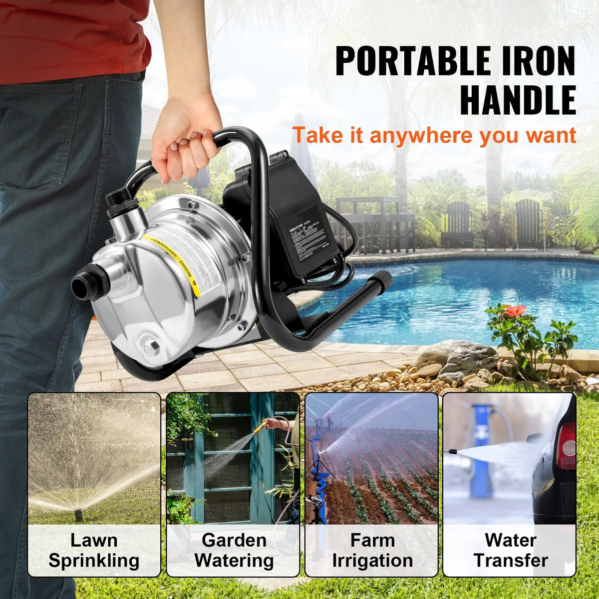 BENTISMShallowWell Pump, 1.5 HP 115V, 1200 GPH 164 ft Height, 87 psi Max Pressure, Portable Stainless Steel Sprinkler Booster Jet Pumps for Garden Lawn Irrigation system, Lake Fountain, WaterTransfer