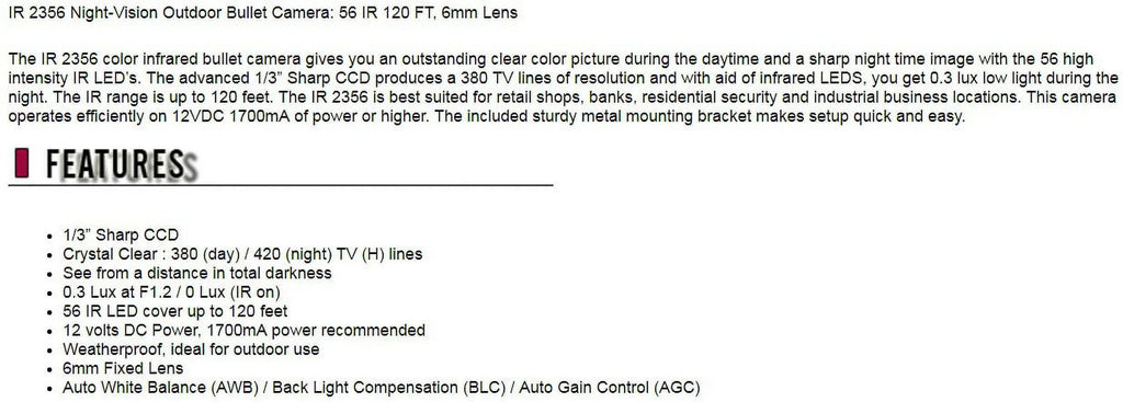 Eyemax IR 2356 Night-Vision Outdoor Bullet CCTV Security Camera: 56 IR 120FT, 6mm Lens