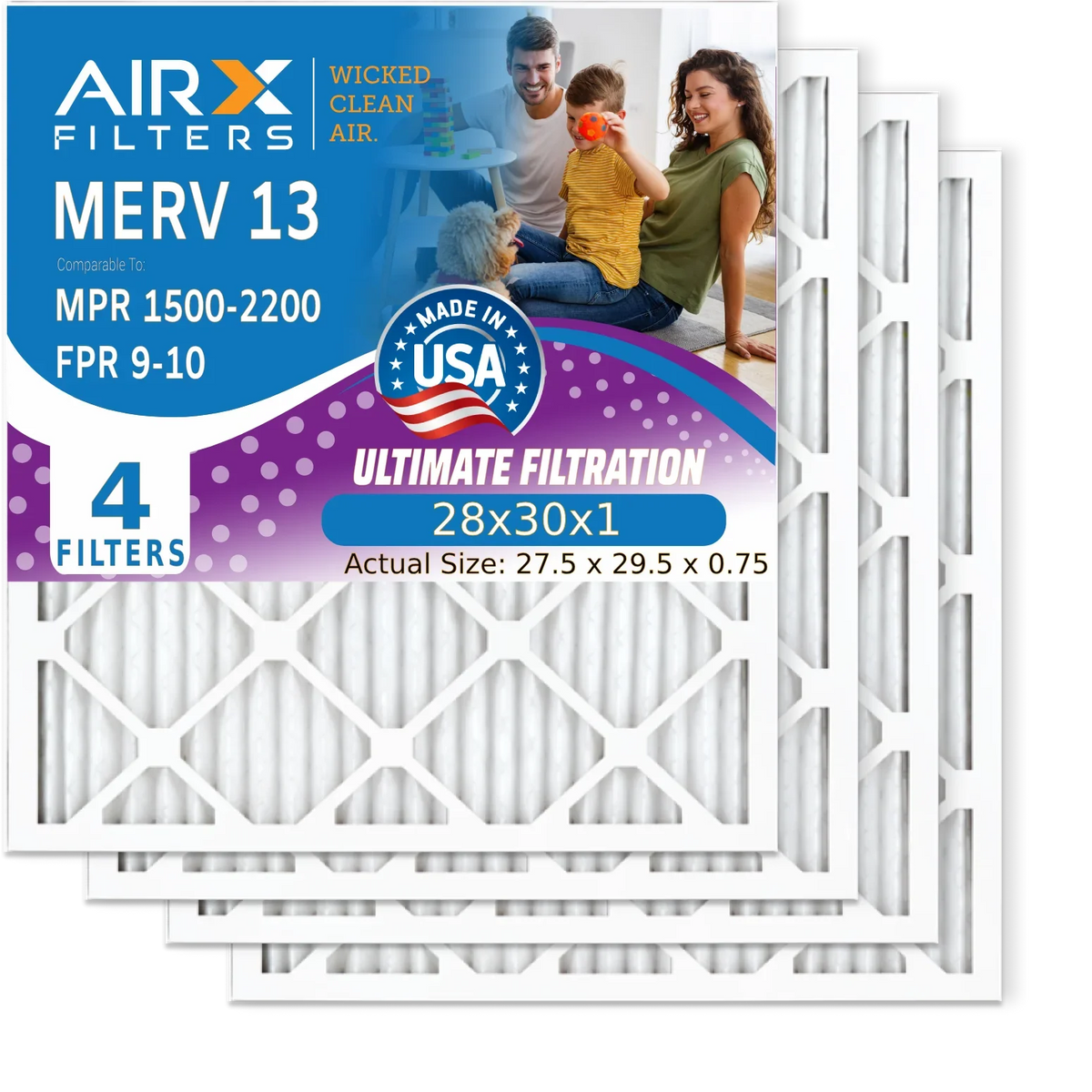 28x30x1 Air Filter MERV 13 Comparable to MPR 1500 - 2200 & FPR 9 Electrostatic Pleated Air Conditioner Filter 4 Pack HVAC AC Premium Made 28x30x1 Furnace Filters by AIRX FILTERS WICKED CLEAN AIR.