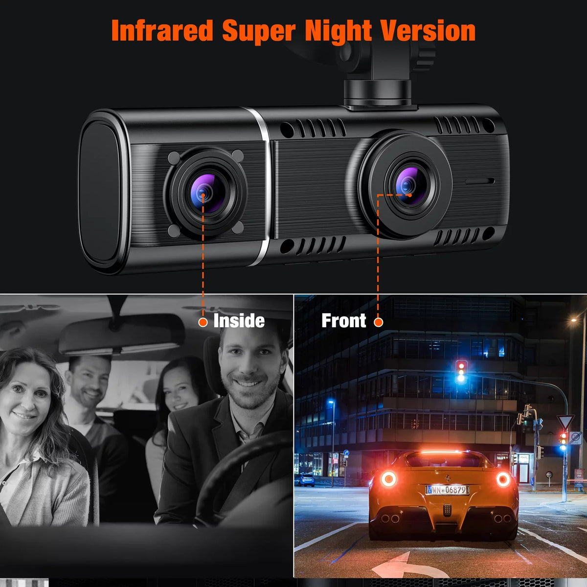 TOGUARD 3 Channel Car Camera Dash Cam Front and Rear Inside with IR Night Vision 1080P Dash Camera Three Way Triple Parking Monitor Motion Detection Accident Lock