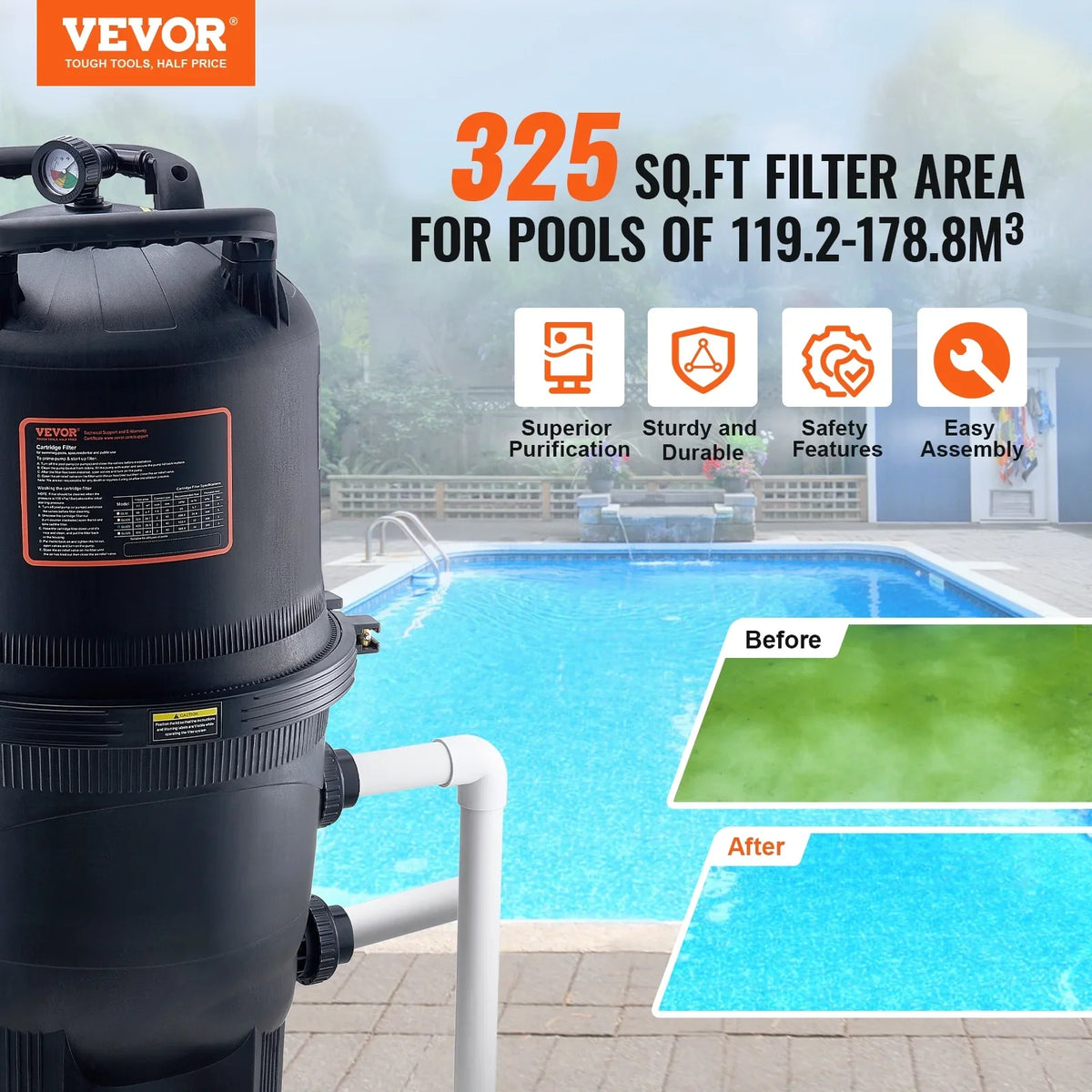 SKYSHALO 325Sq.Ft Pool Cartridge Filter In/Above Ground Swimming Pool Filtration