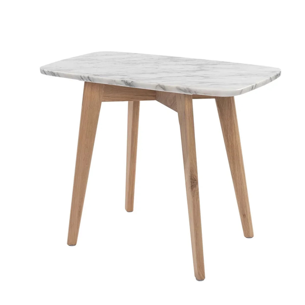 Cima 12" x 21" Rectangular Italian Carrara White Marble Table with Oak Legs