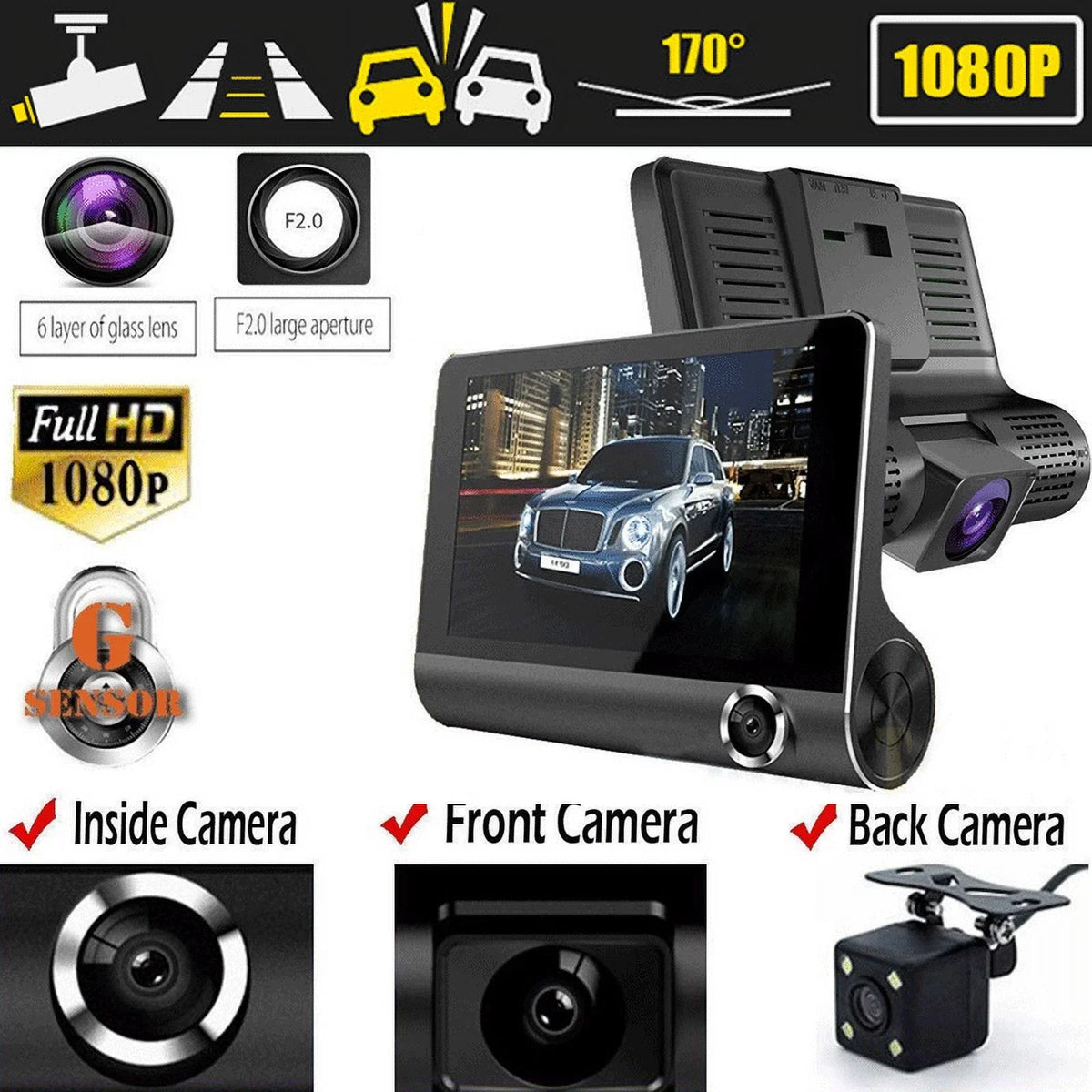 XBTCLXEBCO 4" 3 Lens HD 1080P Car DVR Rearview Video Dash Cam Recorder Camera G-sensor