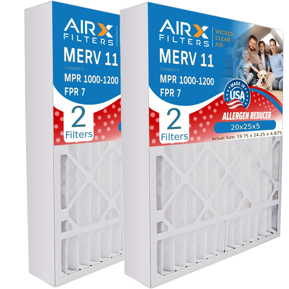 20x25x5 Air Filter MERV 11 Comparable to MPR 1000, MPR 1200 & FPR 7 Compatible with Air Bear 255649-102 Premium Made 20x25x5 Furnace Filter 2 Pack by AIRX FILTERS WICKED CLEAN AIR.
